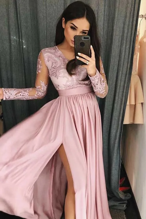 Sexy Slit Long Sleeve Prom Dresses V Neck Evening Party Dress